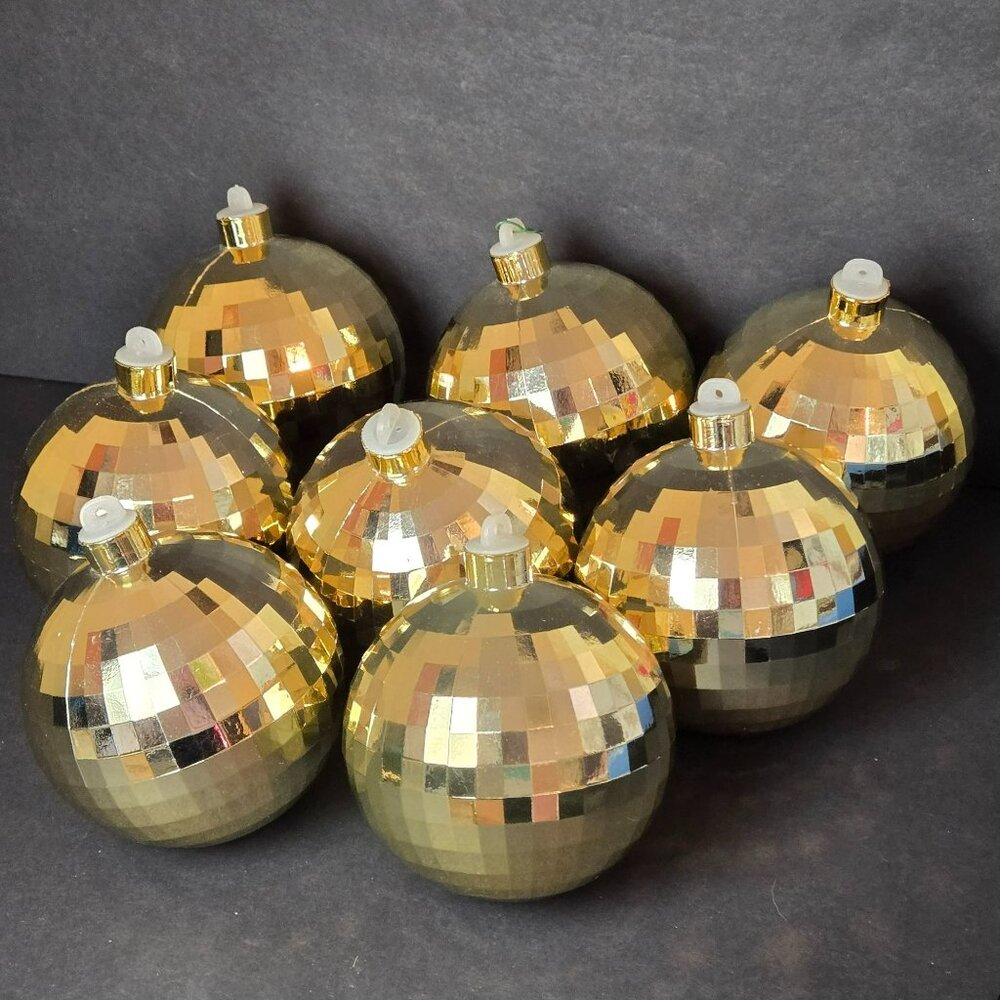 Gold Faceted Plastic Christmas Ornaments Set Of 8 Reflective Disco Ball Look 4"